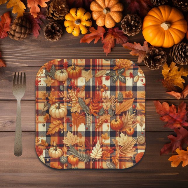Pumpkins Maple Leaves Autumn Plaids  Paper Plates (Creator Uploaded)
