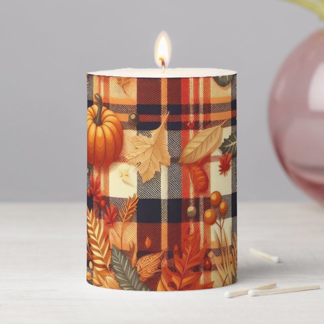 Pumpkins Maple Leaves Autumn Plaids  Pillar Candle (In Situ)