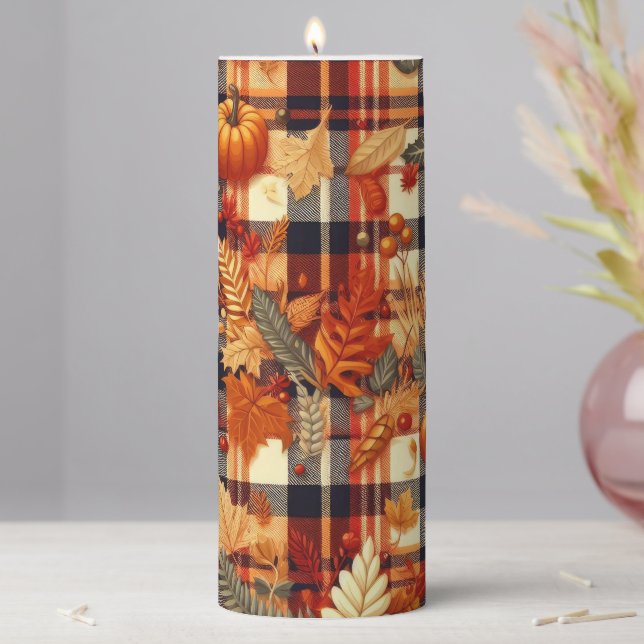 Pumpkins Maple Leaves Autumn Plaids  Pillar Candle (In Situ)