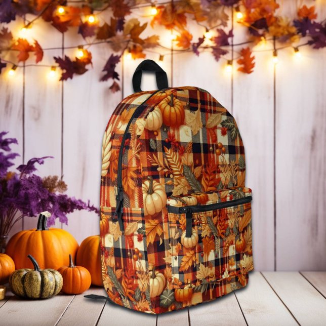 Pumpkins Maple Leaves Autumn Plaids  Printed Backpack (Creator Uploaded)
