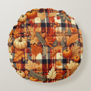 Pumpkins Maple Leaves Autumn Plaids  Round Pillow