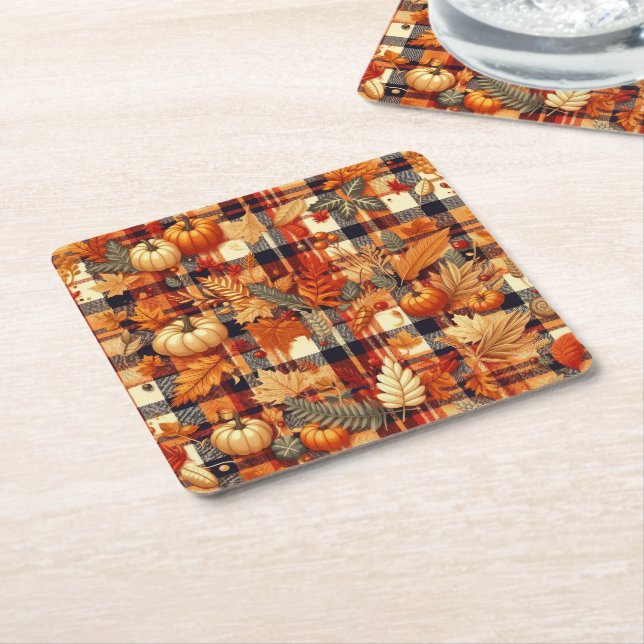 Pumpkins Maple Leaves Autumn Plaids  Square Paper Coaster (Angled)