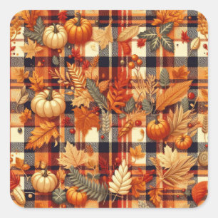 Pumpkins Maple Leaves Autumn Plaids  Square Sticker
