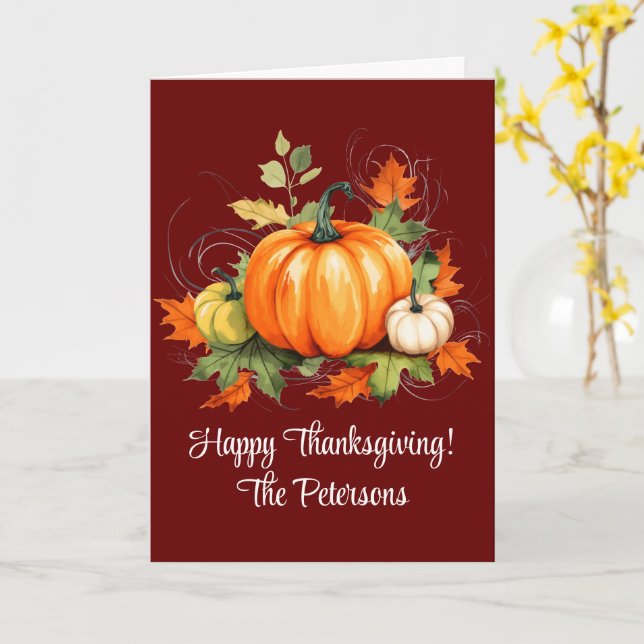 Pumpkins Maple Trees Leaves Happy Thanksgiving Card (Yellow Flower)
