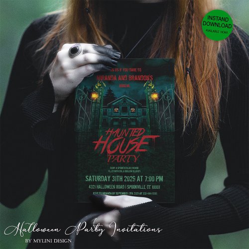 Pumpkins Moon Bats Haunted House Halloween Invitation