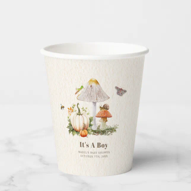 Pumpkins Mushroom Woodland Insects Boy Baby Shower Paper Cups | Zazzle