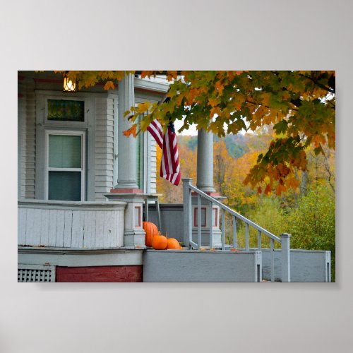 Pumpkins on a Vermont Porch in Autumn Poster