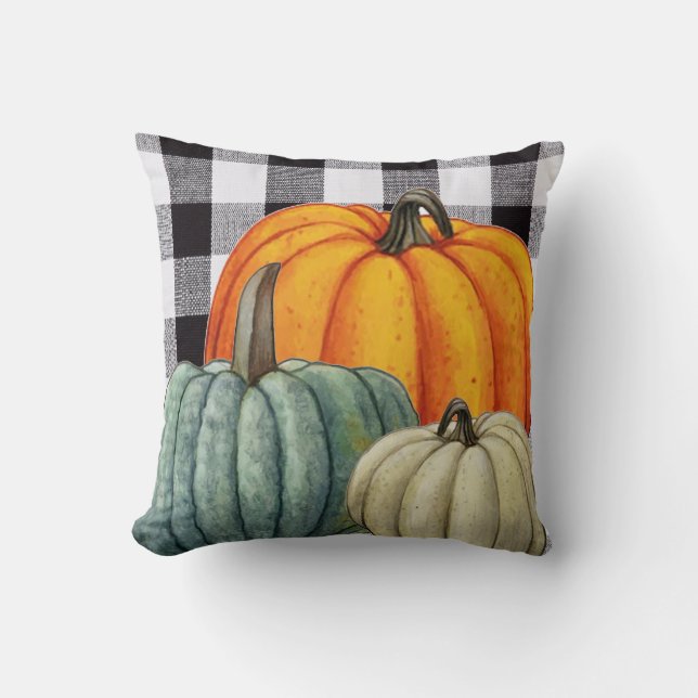 Pumpkins on Black and white gingham plaid Fall  Throw Pillow (Front)