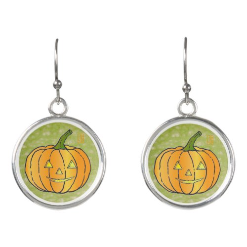 Pumpkins on Green Jack_o_lantern Drop Earrings