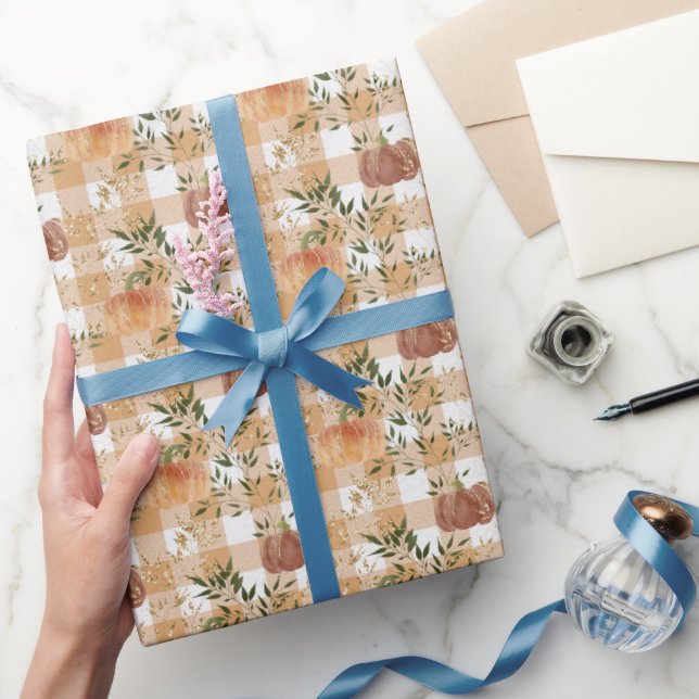 Pumpkins on Orange and White Check  Wrapping Paper (Gifting)