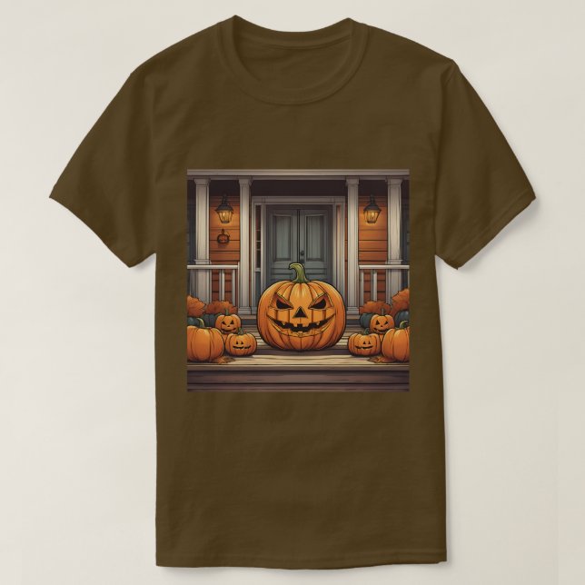 Pumpkins On Porch Halloween T-Shirt (Design Front)