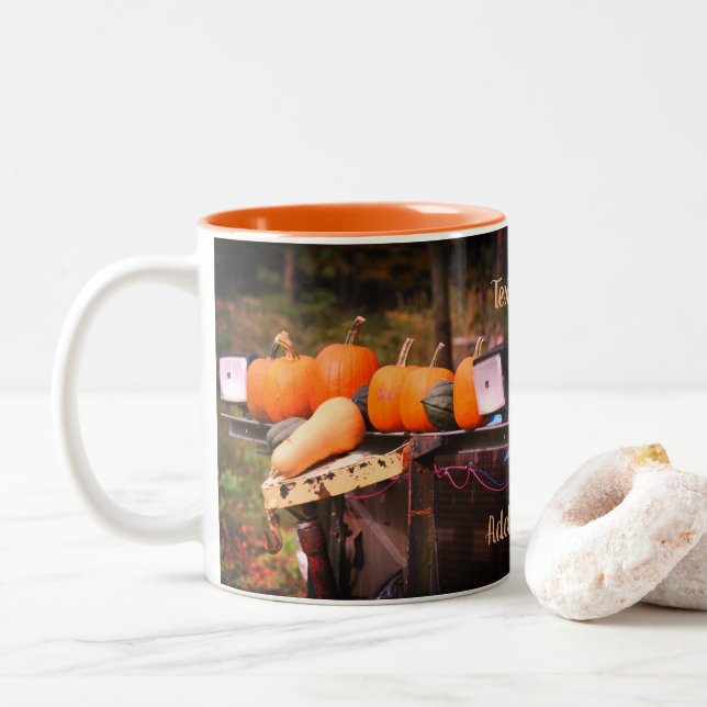Pumpkins On Truck Nature Personalized Two-Tone Coffee Mug (With Donut)
