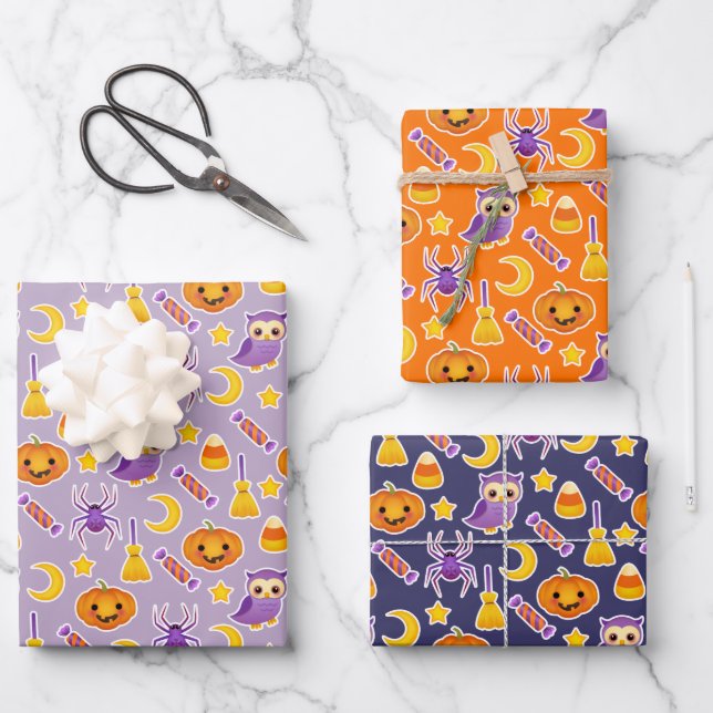 Pumpkins, Owls & Candy Halloween Wrapping Paper Sheets (Front)