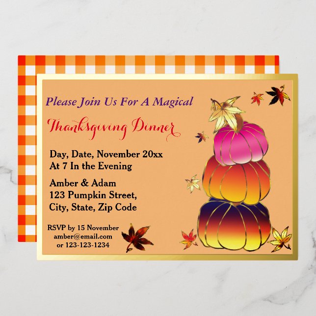 Pumpkins & Pumpkins Gradient, Gold, Thanksgiving Foil Invitation (Front/Back)