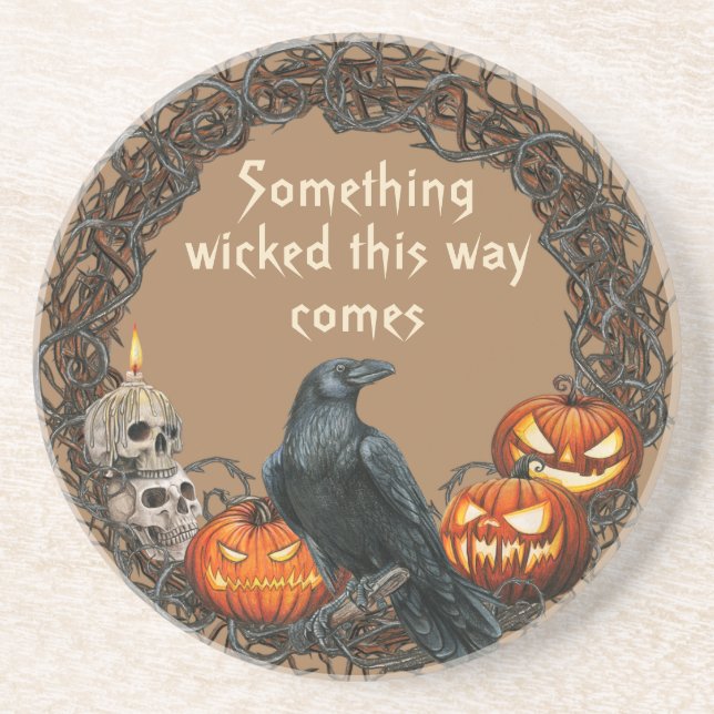 Pumpkins & Raven Halloween Wreath  Coaster (Front)