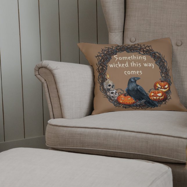 Pumpkins & Raven Halloween Wreath Throw Pillow (Creator Uploaded)