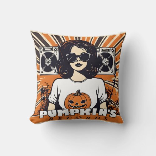 Pumpkins Records Lounge in 70s Groovy Throw Pillow