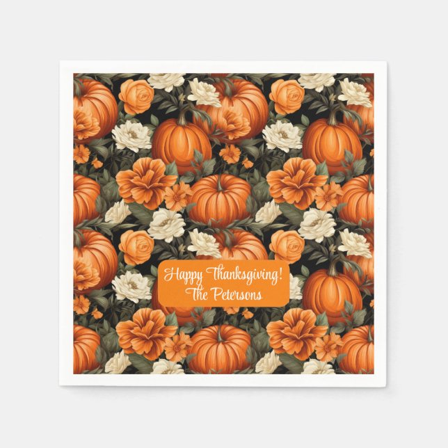 Pumpkins Roses Autumn Flowers Napkins (Front)