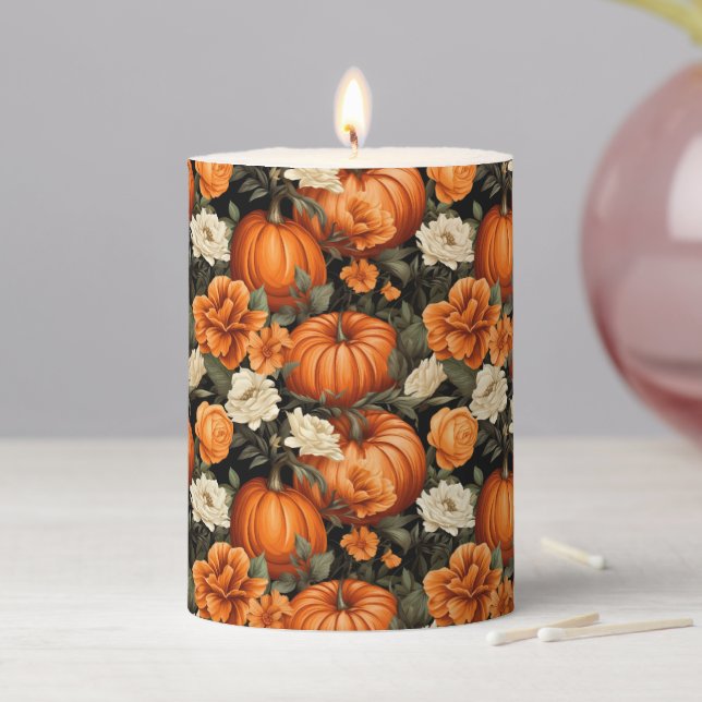 Pumpkins Roses Autumn Flowers Pillar Candle (In Situ)