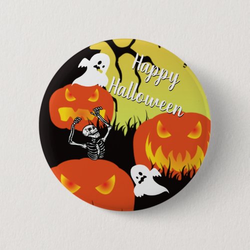 Pumpkins Skeleton And Ghosts Halloween Button