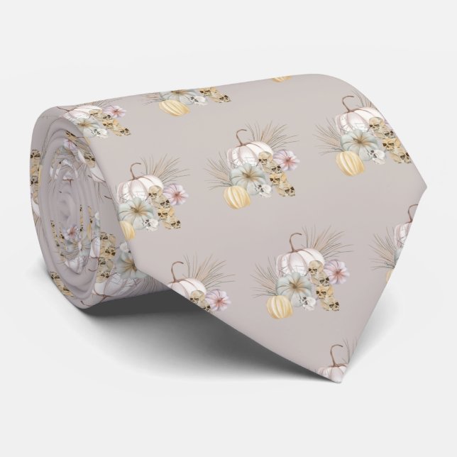 Pumpkins Skulls and Pink Flower Thanksgiving Neck Tie (Rolled)