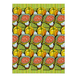 Pumpkins, Soup and Striped Background Glossy Poster