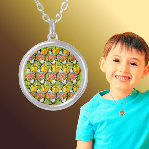 Pumpkins, Soup and Striped Background Round Silver Plated Necklace