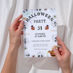 Pumpkins Spider Web Halloween Office Party White Invitation