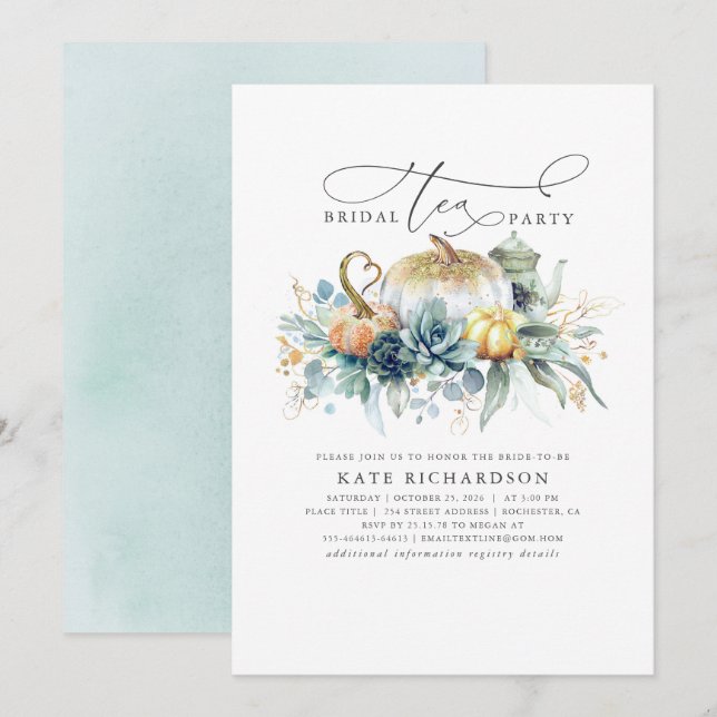 Pumpkins Succulents Fall Bridal Shower Tea Party Invitation (Front/Back)