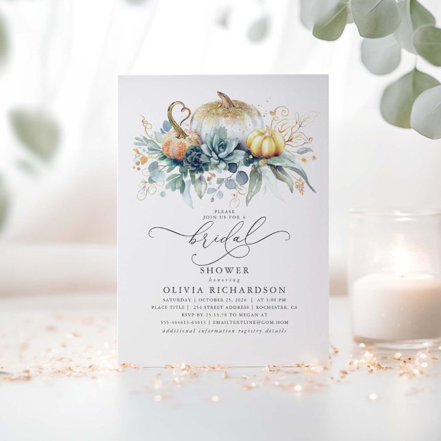Pumpkins Succulents Greenery Fall Bridal Shower Invitation (Fall Bridal Shower Invitations with Succulents Greenery and Gold Pumpkins)