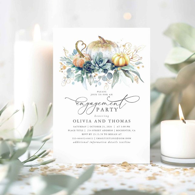Pumpkins Succulents Greenery Fall Engagement Party Invitation (Greenery and Pumpkins Fall Engagement Party Invitations)