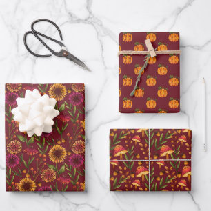 Pumpkins, Sunflowers and Mushrooms on Burgundy Wrapping Paper Sheets