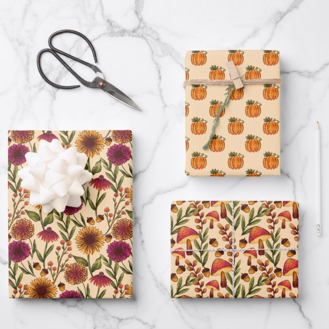 Pumpkins, Sunflowers and Mushrooms on Cream Wrapping Paper Sheets (Front)