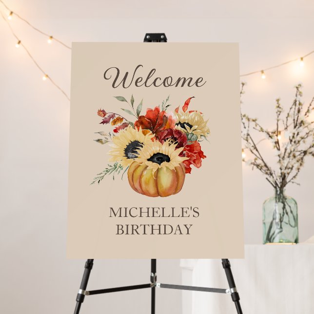 Pumpkins Sunflowers Autumn Birthday Party Welcome Foam Board (In Situ (Stand))