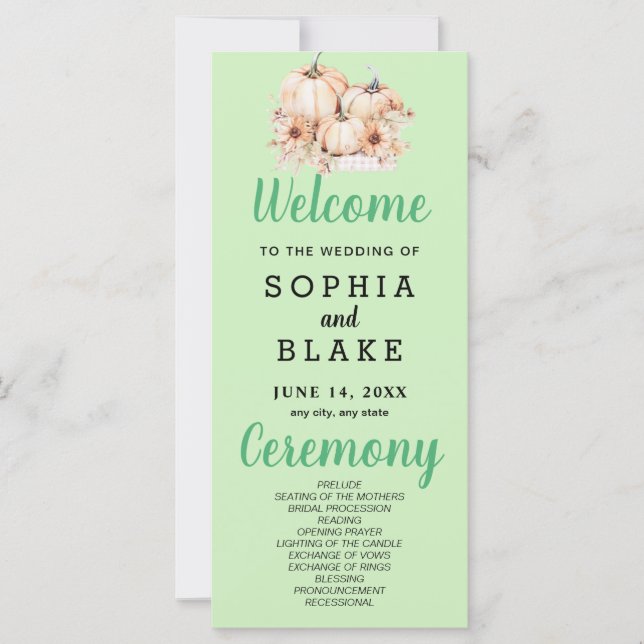 Pumpkins & Sunflowers Fall Green Wedding Program (Front)