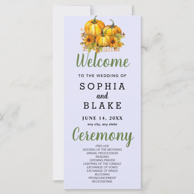 Pumpkins & Sunflowers Fall Purple Wedding Program (Front)