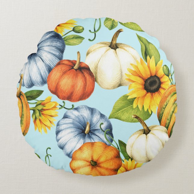 Pumpkins, sunflowers, watercolor illustration round pillow (Front)