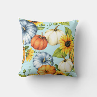 Pumpkins, sunflowers, watercolor illustration throw pillow