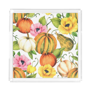 Pumpkins Sunflowers: Watercolor Pattern Design Acrylic Tray
