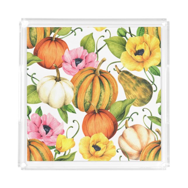 Pumpkins Sunflowers: Watercolor Pattern Design Acrylic Tray (Front)