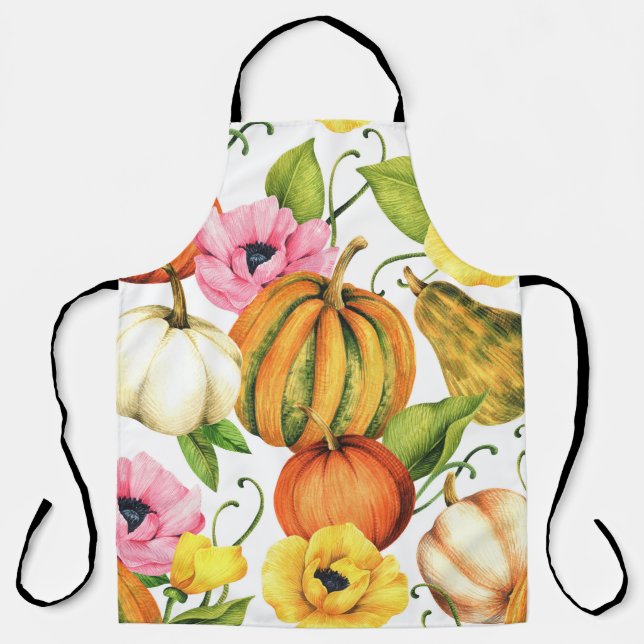 Pumpkins Sunflowers: Watercolor Pattern Design Apron (Front)