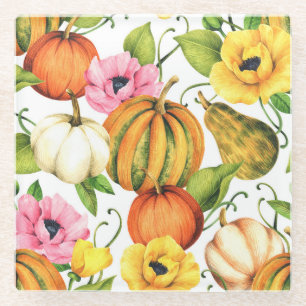 Pumpkins Sunflowers: Watercolor Pattern Design Glass Coaster