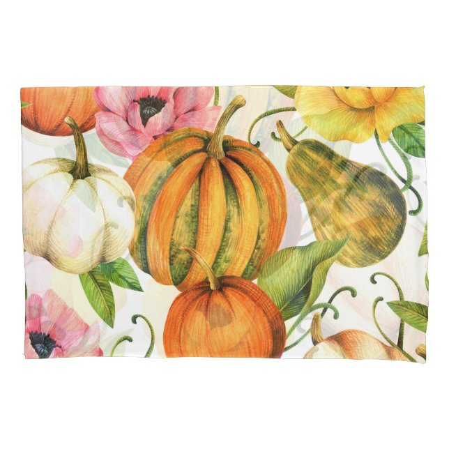 Pumpkins Sunflowers: Watercolor Pattern Design Pillow Case (Front)