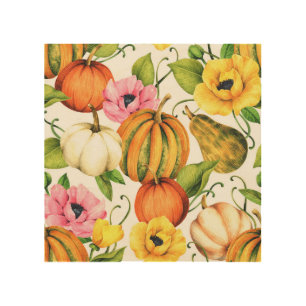 Pumpkins Sunflowers: Watercolor Pattern Design Wood Wall Art