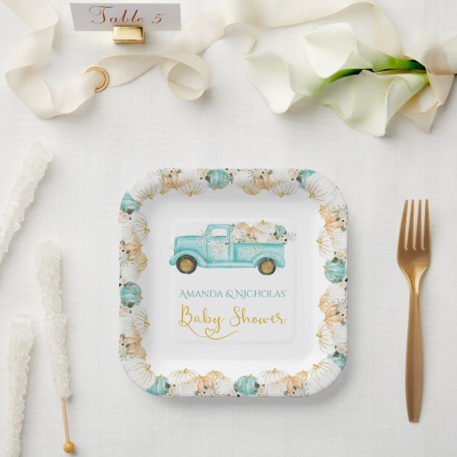 Pumpkins Truck Green Gold Baby Shower  Paper Plates (Wedding)