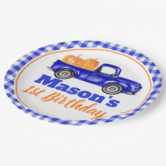 Pumpkins Truck Pumpkin Patch - Blue Truck Paper Plates (Angled)