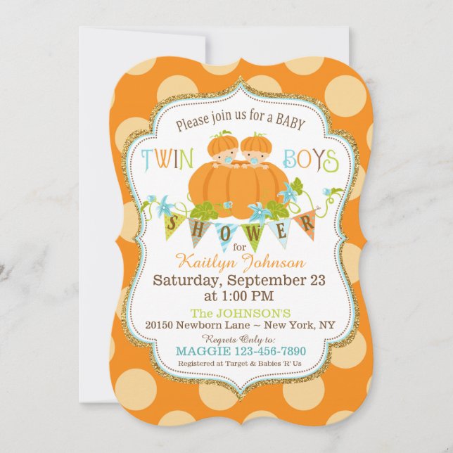 Pumpkins Twin Boys Fall Baby Shower Invitations (Front)