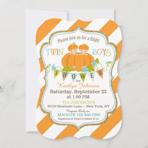 Pumpkins Twin Boys Fall Baby Shower Invitations