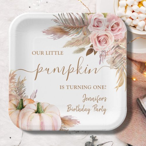 Pumpkins Watercolor Boho Girls Fall 1st Birthday Paper Plates