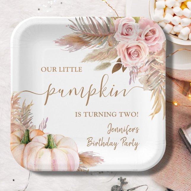 Pumpkins Watercolor Boho Girls Fall 2nd Birthday Paper Plates (Creator Uploaded)